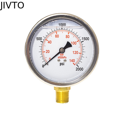 4 inch Liquid filled Pressure Gauge,0-2000 psi/bar/kpa ,lower mount, 1/2 NPT, stainless steel case and brass internal